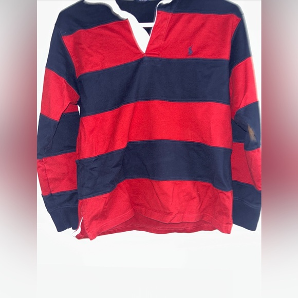 Ralph Lauren Long Sleeve Striped Polo Rugby Shirt Boys Size M Navy Red Classic - Picture 2 of 4
